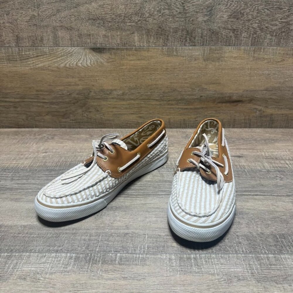 Sperry Seersucker White/Tan Boat Shoes Women's Size 8.5